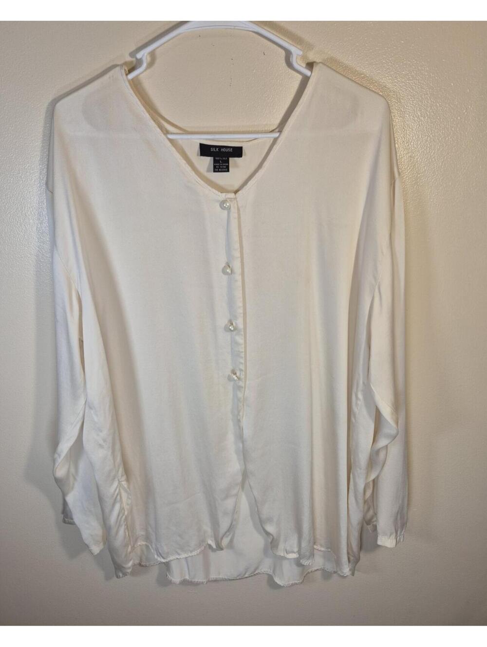 Silk House Ivory 100% Silk Satin V-Neck Button Front Long Sleeve Blouse Size L